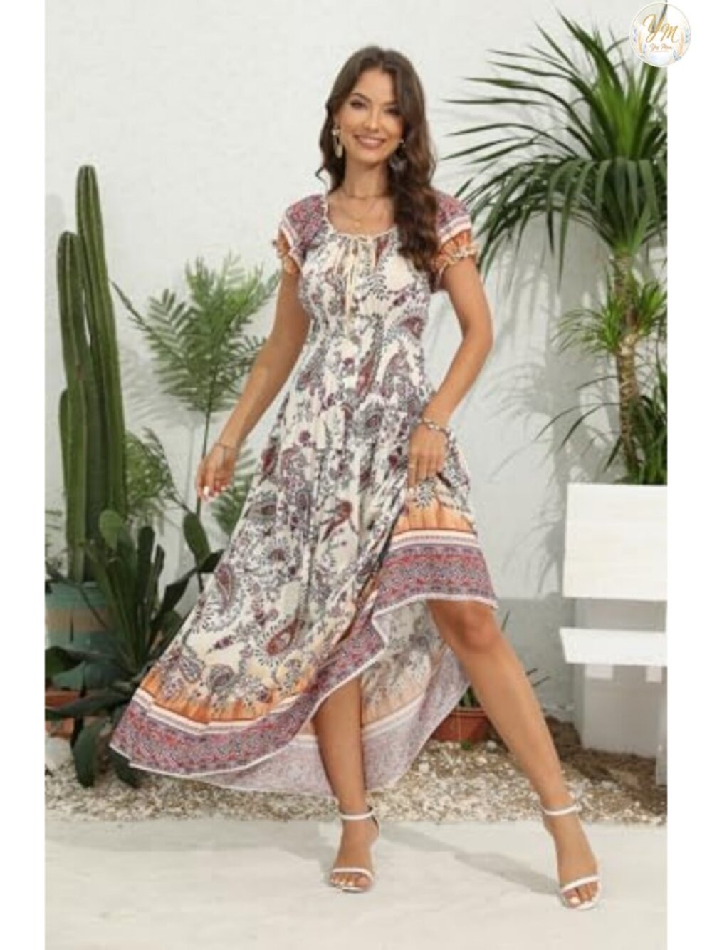 Boho Floral Tiered Maxi Dress Short Sleeve Scoop Neck Summer Casual Flowy - Picture 3 of 6
